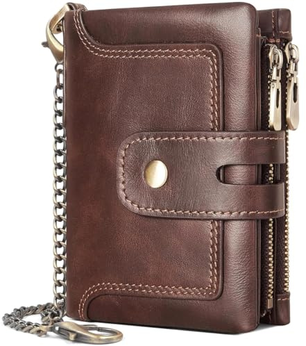 REETEE Carteras para Hombre Cuero Autentico Cartera Hombre RIFD Protección Billeteras con Cadena, Pequeño Monedero de Bolsillo con 15 Ranuras para Tarjetas y Cremallera, con Caja de Regalo (A-Café)