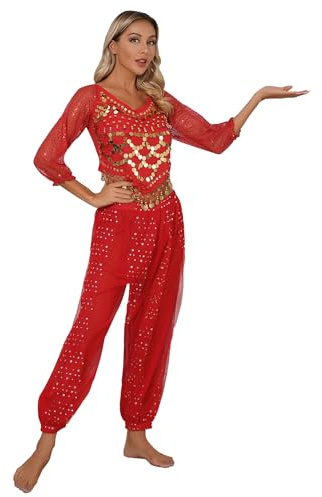 Yeahdor Damen Glitzer Bauchtanz Kostüm Set Pailletten Oberteil mit Mützen + Haremshose + Hüftschal + Schleier Karneval Fasching Cosplay Party Verkleidung