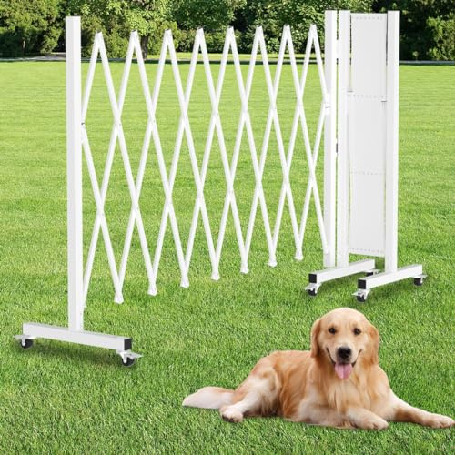 Expandable Driveway Gate, Portable Barricade Gate with Casters, Metal Folding Security Gate, 209 Wide Aluminum Expandable Garden Fence, Outdoor Dog Fence for Yard (White, 216.54)