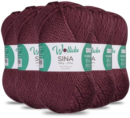 Wollidu Sina Wolle zum Stricken und Häkeln 500g Premium Strickwolle/Häkelwolle Set OEKO-TEX zertifiziert 5 x 100g/170m 80% Polyacryl 20% Schafwolle mulesing-frei - Bordeux