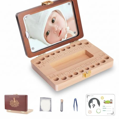 Milchzahndose Milchzahnbox Holz für Jungen & Mädchen Personalisier Zahnbox Aufbewahrung der Ersten Zähne Liebevolle Erinnerungsbox mit Fotorahmen eschenk zur Geburt, Taufe, Einschulung (Brown)