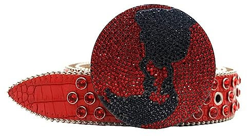 Harajuku Strass-Gürtel für Herren, bedruckt, Metall, Globus-Schnalle, Luxus-Nietengürtel, rot, 125cm