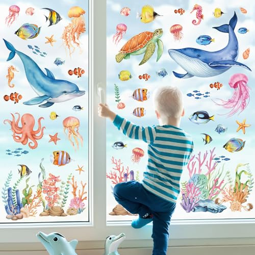 wondever Fensterbilder Unterwasserwelt Fisch Delphin Seetang Fenstersticker | Wiederverwendbar, Doppelseitig Statisch PVC Fensterdeko, Fenster Vogelschutz, Sommer Deko für Glas Tür Wohnzimmer Küche