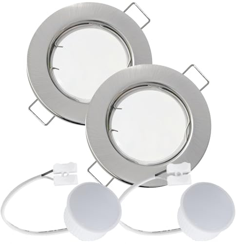 2er Set Flache Milchglas SMD LED Modul Einbauleuchten | Farbe Edelstahl gebürstet | 5W | 230V | Starr | Klemmring | LED Spots für die Decke bei wenig Einbautiefe | Wohnzimmer | Küche | Schlafzimmer