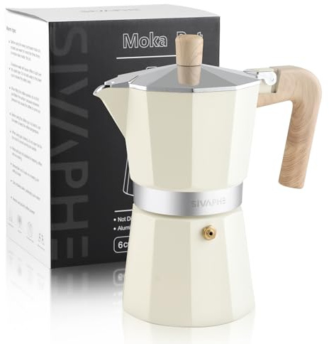 Sivaphe Aluminum Moka Pot 6 Espresso Cups, Percolator Espresso and Coffee Maker, Portable Stovetop Italian and Cuban Café Brewer for Home and Camping White