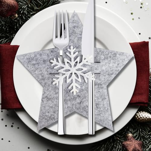 VOPIWOZ Platzset Weihnachten Filz, 12 Stern Bestecktasche Weihnachten, Grau Weiß Tischdeko Weihnachten, Bestecktaschen für Weihnachten Besteck, Gabeln und Löffel, Ideal für Weihnachtstischdeko