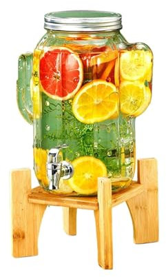 Dispensador de agua de vidrio, 5L con soporte, dispensador de bebidas familiares para fiestas, bodas, con grifo para bebidas heladas o calientes