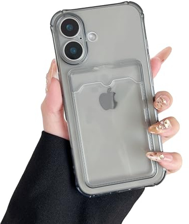 DEFBSC Hülle für iPhone 16 Transparente met Kartenhalter,Schwarz | Handyhülle mit Kartenfach,Ultra Dünn Weiche TPU Stoßfeste Durchsichtige Schutzhülle