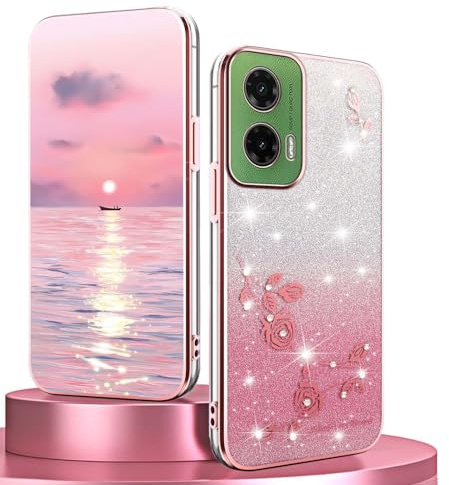 BORYA Silicona Funda para Motorola Moto G35 5G, Ultradelgado Antigolpes Carcasa, Suave TPU Estuche, Elegante Galvanoplastia Brillo Flores Caso con Tarjeta Gradiente, Rosa