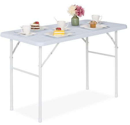 Relaxdays Gartentisch, Holzoptik, eckig, HxBxT: 74 x 118 x 60 cm, Kunststoff, Metall, klappbarer Terrassentisch, weiß