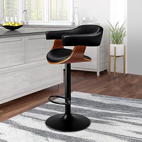 Moderner verstellbarer Barhocker mit 360° drehbarer Sitzlehne und Fußstütze aus PU-Leder, ideal für Esszimmer, Küche, Pub oder Bartheke, stilvoller schwarzer Holzstuhl aus der Joan-Serie (1 Stück)