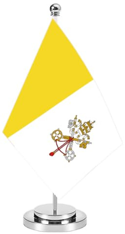 Vatikan Miniature Desk Flag Set,8x5 Inch Vatikanische Sprache kleine Flagge mit 12 Zoll hellen Silber Flagge Pole, Deluxe Dekorationen für Haus Büro Tagungstisch