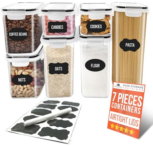 7 Airtight Food Containers - Food Storage Containers - BPA-Free 7-Pack with Chalkboard Labels & Marker - 4-Side Locking System - Cereal Storage Containers - Kitchen Storage & Organisation