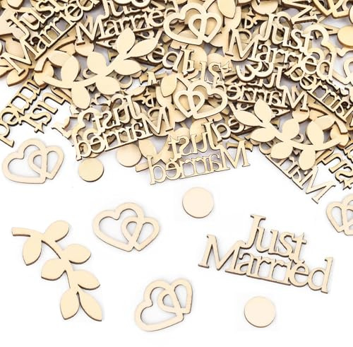 100 Stück Confetti Tischdeko Hochzeit, Just Married Konfetti, Streudeko Hochzeit, Holz Konfetti Deko für Verlobbung Hochzeitsdekoration