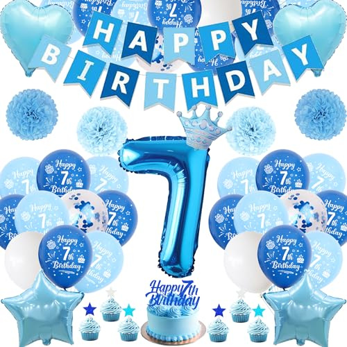Xietaea Deko 7. Geburtstag Junge Blau - 58 Stück 7. Geburtstagsdeko Luftballons Happy Birthday Girlande Tortendeko, Papier Pompons und Riesen Zahlballon zum 7 Geburtstagsfeier Dekoration