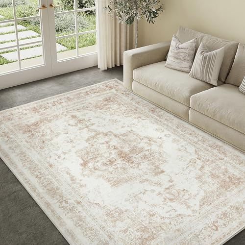 HUGEAR Creme Vintage Teppich Wohnzimmer 150x210cm Waschbar | Waschbarer Retro Teppich,Weich,Rutschfest Kurzflor,Groß,für Wohnzimmer,Schlafzimmer, Esszimmer,Büro,Carpet,Teppiche