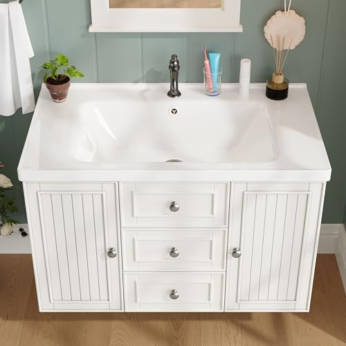 REXO Armario para lavabo, mueble bajo lavabo, armario de baño con 3 cajones, mucho espacio de almacenamiento, lavabo colgante, 78,5 × 46 × 46,8 cm (blanco, armario para lavabo colgante)