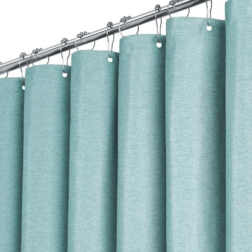 BTTN Duschvorhang Stoff 180x200 cm Leinenoptik wasserdicht, Türkis/Blaugrün | 12 Plastikhaken, Rückseitig Laminiert Wasserdicht, Leinenoptik, Anti-Schimmel, Beschwerter Saum, Maschinenwaschbar Polyester