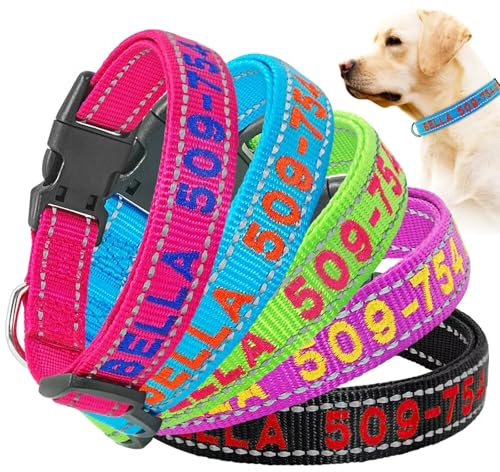 Collares Reflectantes Personalizados para Perros, con Nombre y número de teléfono Bordados, Hebilla de liberación rápida con Anilla en D, Collar Ajustable de Nailon Suave Personalizado en 4 tamaños.