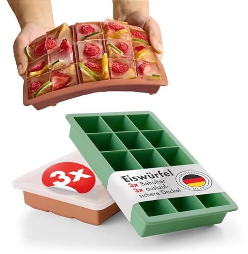 Blumtal Set di 3 stampi per cubetti di ghiaccio in silicone - Stampo per 15 cubetti di ghiaccio con coperchio - Stampo per cubetti di ghiaccio in silicone senza BPA - 2x verde oliva + rosso minerale