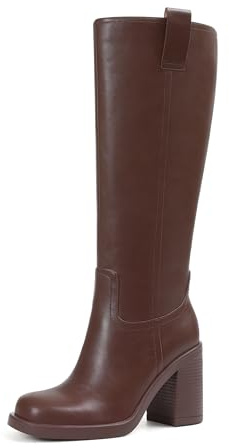 Kalstage Platform Knee High Boots Women Fashion Fall Chunky Heel Boot Square Toe Half Zip Wide Calf Tall Boots for Concert Club Festival