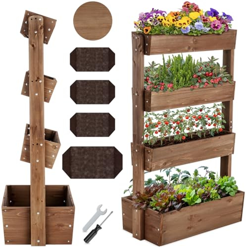 tectake® Jardinière 85 x 45 x 140 cm, 4 étages, résistant aux intempéries | 4 étages dont 3 inclinables, résistant aux intempéries, bois de sapin laqué, toile de plantation incluse, marron