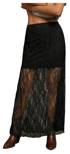 GORGLITTER Women's Y2k Lace Maxi Long Skirt Sexy See Through Low Waisted Bodycon Skirts Vacation Festival Outfits Black Medium