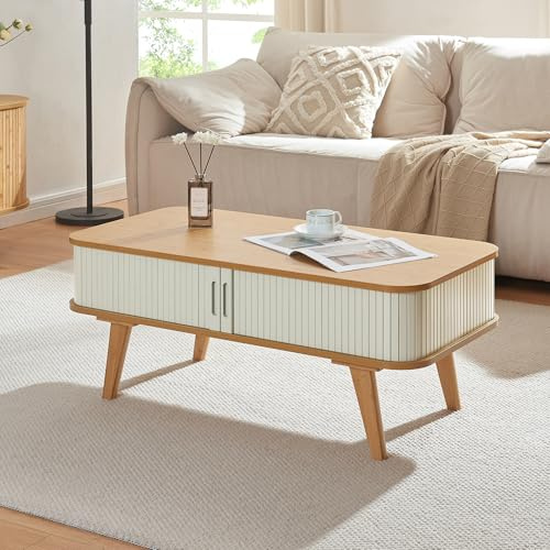 [en.casa] Mesa de Centro Tysvær con Puertas Correderas Elegante Mesa de Café con Tablero Rectangular Esquinas Redondeadas y Compartimentos Cerrados Bambú 100x50x40 cm - Natural/Blanco Crema