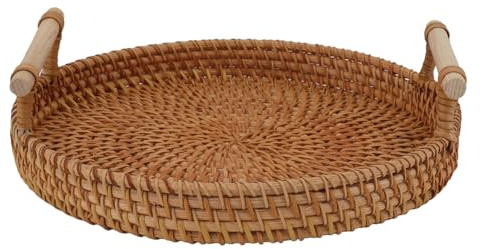 Plateau à Fruits en rotin avec poignées en Bois Massif, Plateau de Service Rond pour Table Basse, Plateau décoratif tissé à la Main avec Un Design élégant, Plateau de Service à (L)