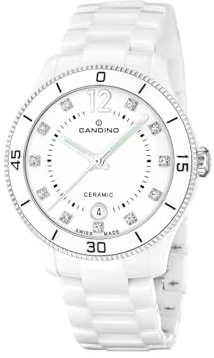 Candino Swiss Damenuhr Analog aus Keramik Weiß | Quarzuhr, Kalender, Widerstandsfähiges Saphirglas, Wasserdicht 5 ATM, C4794/3, Ceramic