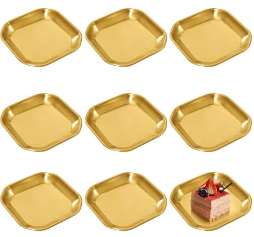 Mocifa 8 Piezas Bandejas Doradas Acero Inoxidable Plato Llano Cuadrado Pequeña Bandeja Decorativa Dorada Plato Cuadrado Acero Inoxidable para Servir Aperitivos Sushi Frutas Postres (12 x 12 cm)