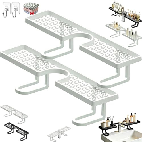Jmwub Behind the Faucet Sink Organizer, Waterproof & Rustproof No Drill U Shape Shelf, No-Drill Bathroom Countertop Storage Rack for Kitchen, Bathroom, Shower, Space-Saving (2PC-2white)