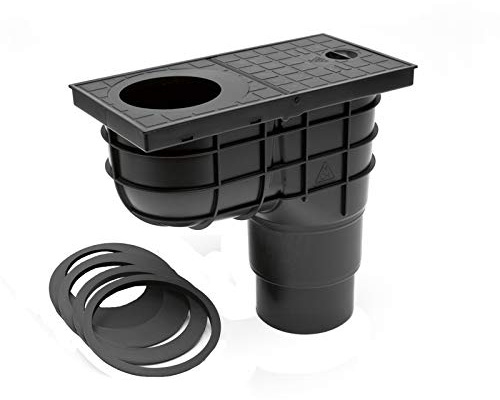 Senkrechter Regensinkkasten schwarz mit Gitter mehrstufig Ø 110/125 mm - 275 mm Einbautiefe Rückstauklappe (MKK325C) Rückstauverschluß Geruchsklappe Regenrohrablauf Dachrinnenablauf Sieb