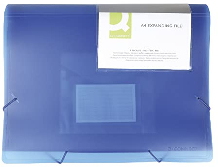 Q-Connect Expanding File Organiser with Elastic Band / 6 Compartments/Dividers/Pockets/Polypropylene/Document Folder A4 / Transparent Blue/Has Compartments with Index Windows and Indexes