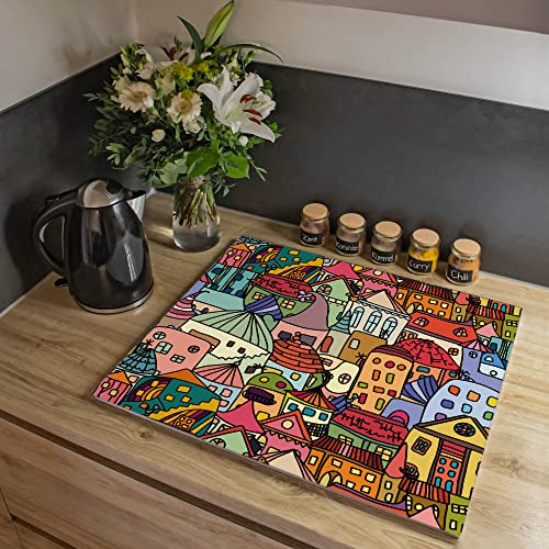 banjado Herdabdeckplatte Glas mit abstraktem Muster Design mit Schneidebrett Funktion, 60x52 cm einteilig, gehärtetes Sicherheitsglas, Ceranfeld Abdeckung als Spritzschutz, mit Motiv Funky Town