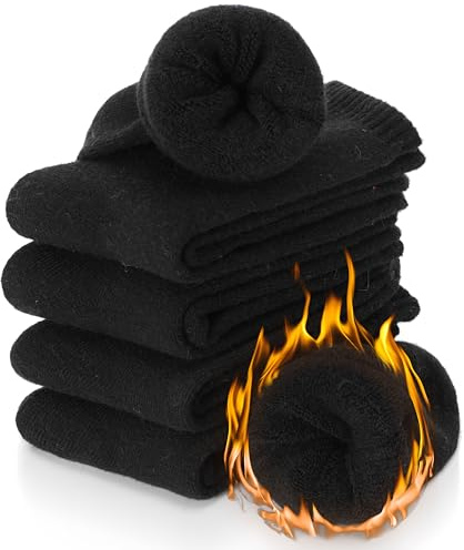 ProEtrade Merino Wool Socks Thermal Warm Winter Thick Hiking Boot Cabin Crew Cozy for Women Ladies Gift Stocking Stuffer Work Comfy Socks 5 Pack (Black Color) One Size