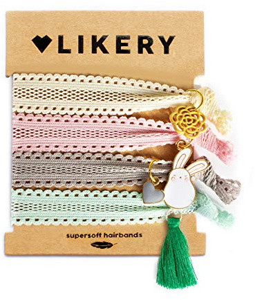 LIKERY Haargummi Set Damen – Springlove Haargummis und Armbänder – elastische Stoff Haargummis mit Anhängern – Pastellfarben Haarschmuck für Frauen Mädchen