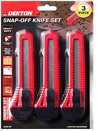 Dekton 3-Piece Snap-Off Utility Knife Set with Retractable Blades, Ergonomic Non-Slip Handles, Heavy-Duty Construction for Cutting Cardboard, Carpet, and More – Ideal for DIY and Professional Use