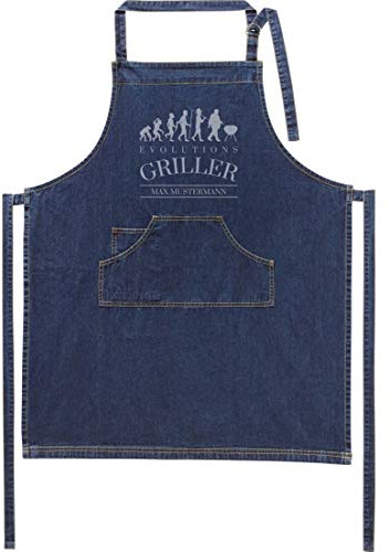 Jeans-Schürze mit Namen - Motiv Griller - lustig - viele Motive - Kochschürze - Grillschürze - personalisiert - dunkelblau - Größe 75x90 cm - persönliches Geschenk - mit Wunschname - mit Wunschmotiv