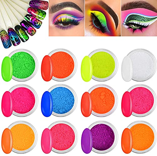 Kalolary 12 Boxen Neon Farbe Nagelpulver Pigment Nagelpulver, bunt fluoreszierendes Pulver Regenbogen Nagel Glitter für DIY Nageldekoration