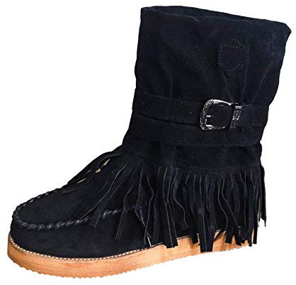 Stiefel Frauen Mode Casual Round Toe Retro Fransen Short Ankle Flat Schuhe (38,1Schwarz)