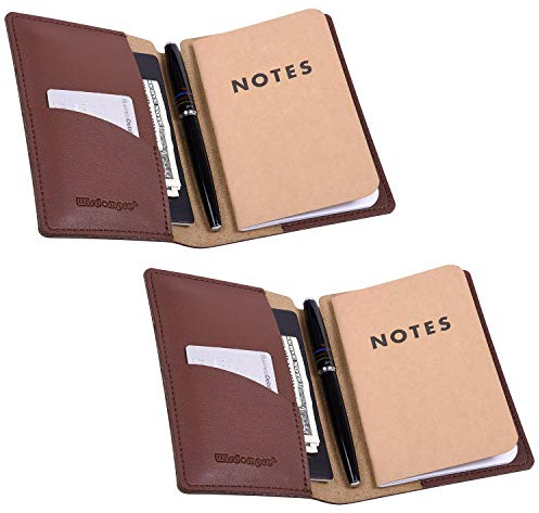 wisdompro 2 Piezas Cubierta Cuaderno de Cuero, para el Diario de Tamaño 9 X 14 cm, Portadocumentos de Viaje para Tarjeta de Crédito, Pasaporte, Bolígrafo (Marrón)