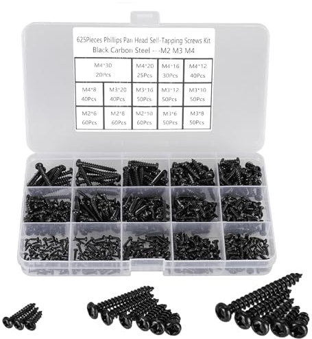 FandWay 625 Stück M2 M3 M4 Kreuzschlitz-Blechschrauben Kohlenstoffstahl Rundkopf-Blechschrauben, Schwarz Holzschrauben Sortiment mit Aufbewahrungsbox.