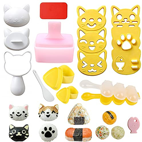 Cute Cat Rice Ball Molds 6 Sets Sushi Molds Bento Box Accessories Kits with 1PC Musubi Maker Press Mold, 2PCS Gimbap Molds Triangle and 1PC Rice Ball Mold Shaker for DIY Fun Lunch Box Picnic Tool
