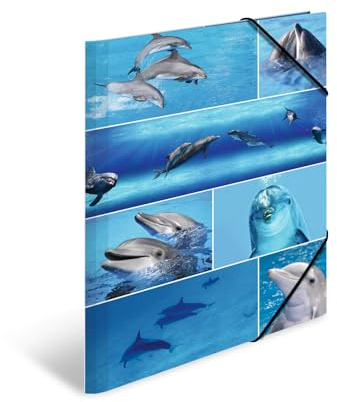 HERMA Sammelmappen A3 Delfine Set, 3 Stück, Kinder Eckspanner-Mappen aus Pappe mit Tier Motiv, Gummizug, Innenklappen und Innendruck für Jungen und Mädchen