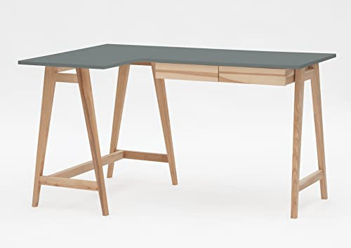 RAGABA Eckschreibtisch Luka Tisch Mit L-Form Winkelschreibtisch Schreibtisch Bürotisch Ecktisch Arbeitstisch Studie Tisch Computertisch - 135 cm + 85 cm - Linke Seite - Massivholz Esche - Betongrau