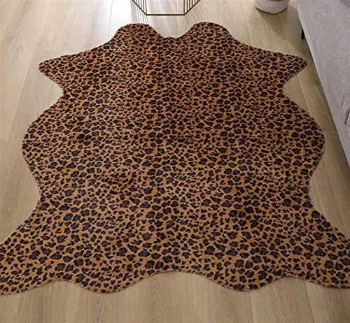 Premium Kunstfell Teppich, ideal als Dekofell für Wohnzimmer oder Bettvorleger, geruchsneutral & pflegeleicht, Kunsftellteppich, Kuhmotiv,Leopard print,75x110 cm