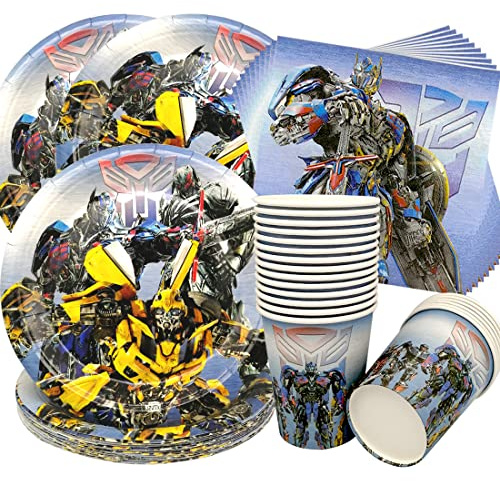 60Stück Transformator-Roboter Partygeschirr,Bumblebee und Optimus Prime Partyzubehör Pappteller Set, Set einschließlich Teller Becher Servietten zum babyparty,Jubiläums(20 Gäste)
