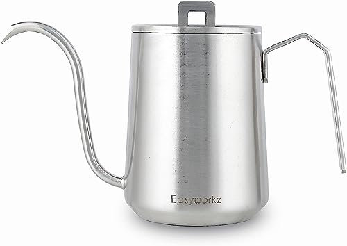 Easyworkz Caffettiera a collo di cigno con bollitore da 600 ml in acciaio inox a goccia con beccuccio lungo e stretto, argento spazzolato