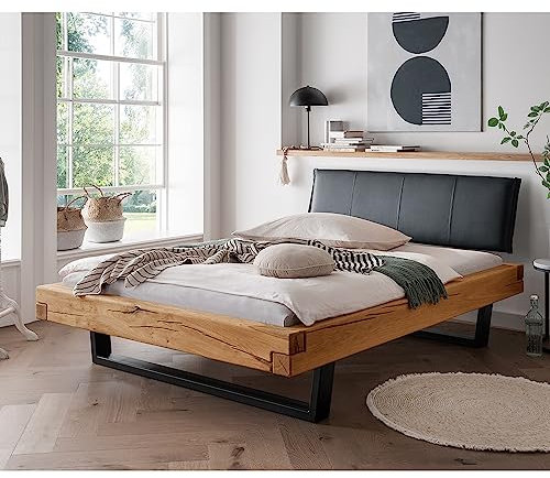 Lomadox Doppelbett Ehebett Bett Echtholz Massivholz, 160x200 cm, Eiche massiv, schwarzes Echtleder-Kopfteil, Schwarze Metallkufen, B/H/T ca. 178/88/228 cm